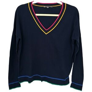 Elliott Lauren Women's V Neck Tip Off Neck Sweater with Multicolor Tipping Sz M